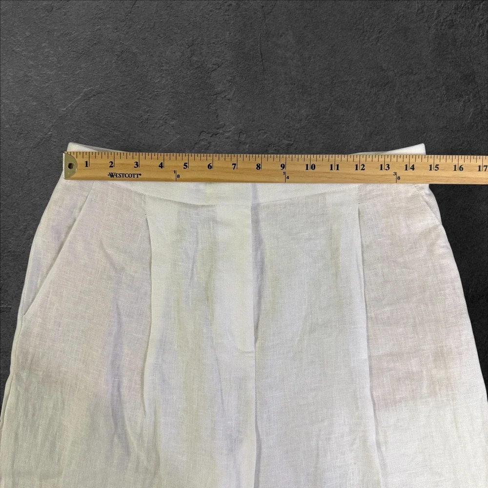 Mango MNG White 100%‎ Linen Wide Leg Pleated Trousers High Rise Women Size 6